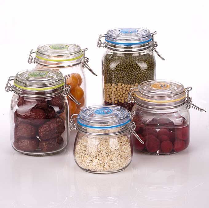 customized size 500ml square Hinge lids airtight glass storage food jar with clamp lids