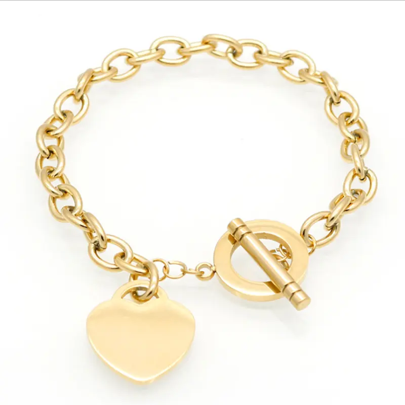 Thời Trang Phụ Nữ IP Mạ Vàng Thép Không Gỉ T Buckle Biểu Tượng Tùy Chỉnh Heart Charm Bracelet