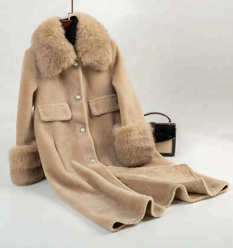 Chaqueta de piel auténtica de fábrica para mujer, abrigo largo de lana de felpa, personalizado, de talla grande, con cuello de piel de zorro, venta al por mayor