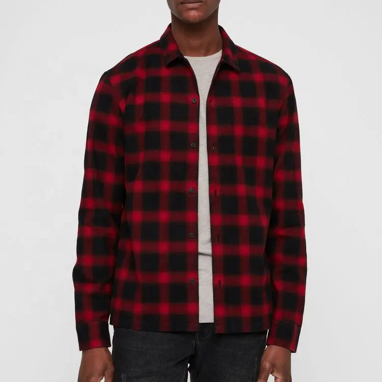 Wholesale Red Black Checked 100% Cotton Plaid Vintage Flannel Shirt Men