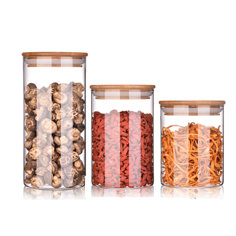 Heat resistant clear round borosilicate glass food storage jar with bamboo lid