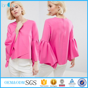 Alibaba nouveau design volants manches femmes tops ras du cou rose blouse 2017 - Product Image 1