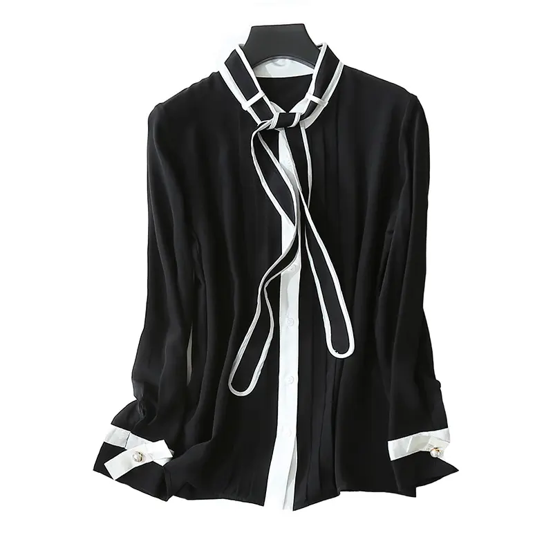 Women's blouses 100% pure silk latest design single breasted cardigan with long bow tie decor white stripe top fly
