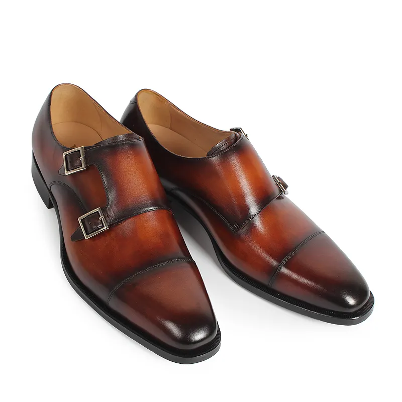 Vikeduo 2019 Fashion New Hand Made Brown Dress Shoes Man Double Buckles Monk Strap Shoes Men For Suits