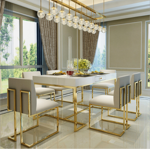 Mesa de comedor de mármol y madera, Marco clásico de acero inoxidable, alto brillo, 6 sillas, juego de muebles - Product Image 6
