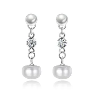 CZCITY Genuine 925 Silver Double Natural Pearl Earrings Bezel Setting CZ Drop Earrings for Women