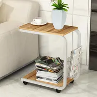 Modern wood bedside movable end table on wheels for living room furniture