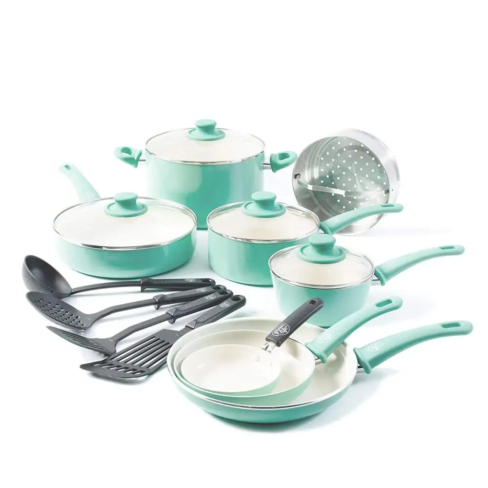 Juego de utensilios de cocina recubiertos de cerámica, 16 unidades, antiadherente de aluminio verde