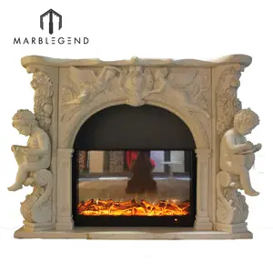 欧洲经典壁炉环绕手工雕刻小天使白色卡拉拉大理石别墅壁炉