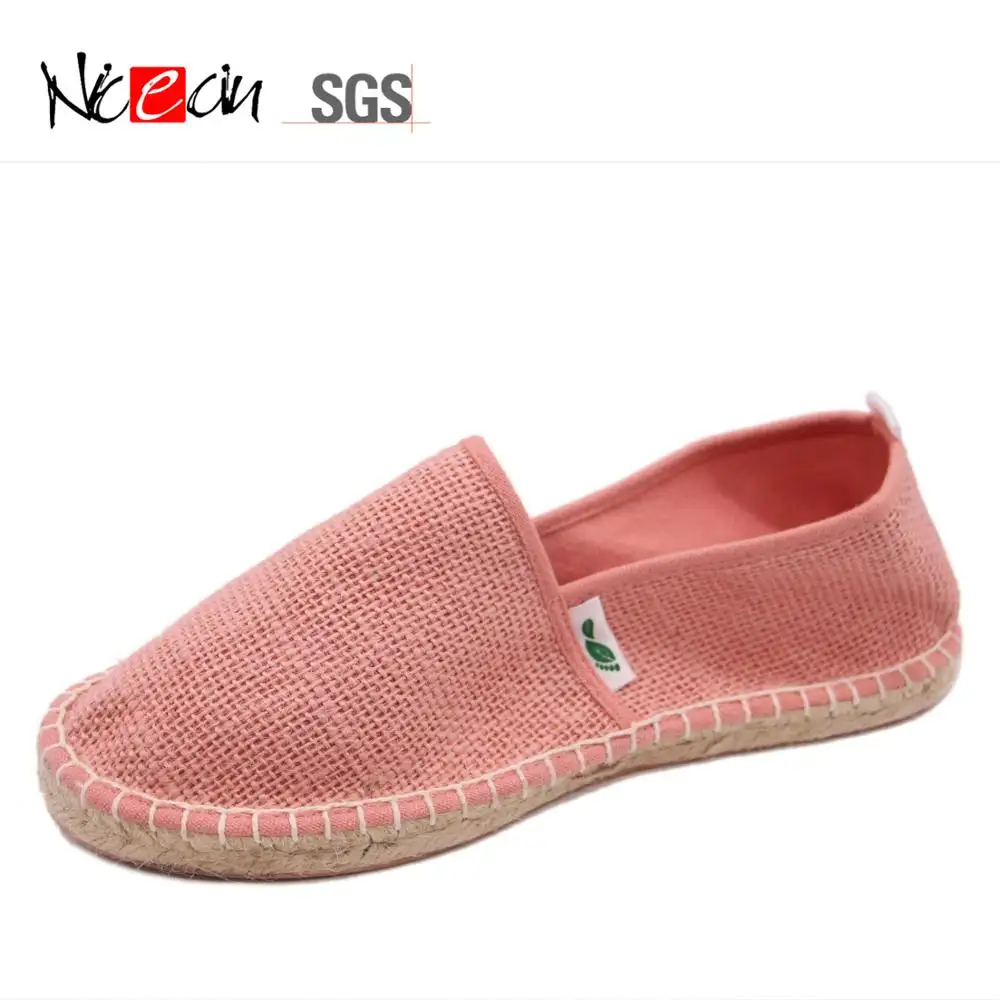 Sandalias planas transpirables para mujer, zapatos de alpargata de yute, informales, sin cordones, color rosa