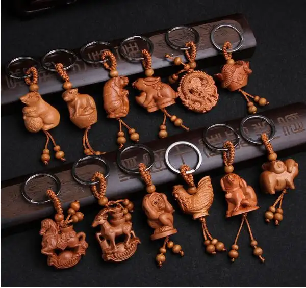 ユニセックス子供動物猿羊ヘビドラゴンタイガーキーホルダーキーリング用天然木12干支キーホルダー