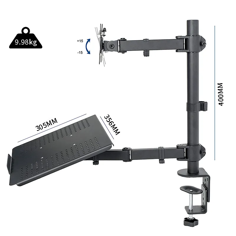 Dynamic mechanical spring monitor holder arm with keyboard tray