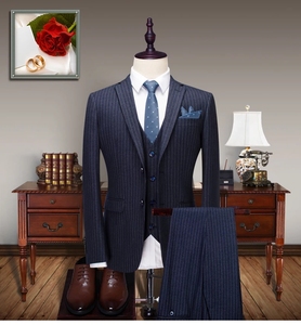 Traje de esmoquin de tres piezas para <span class=keywords><strong>hombre</strong></span> a rayas para <span class=keywords><strong>hombre</strong></span> - Product Image 1