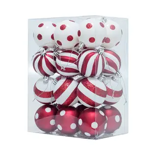 24pc 60mm rouge et blanc à pois rayures en plastique incassable boules de Noël pour la décoration d'arbre de Noël