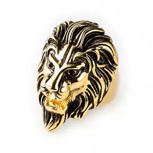 Anello da dito con testa di leone placcato oro in acciaio inossidabile con gioielli animali di moda all'ingrosso personalizzati per uomo