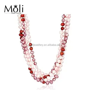 Mix Color Autumn Style 6-7mm Multi Layers Dyed Rose Color Freshwater Baroque Shape Pearl Long Necklace