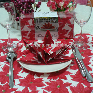 La couleur rouge de noël fleur d'impression papier serviettes de table, <span class=keywords><strong>pré</strong></span>- serviettes pliées - Product Image 1