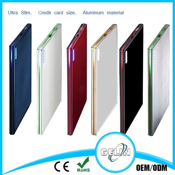 Ultra Slim, Credit Card Size, Aluminum Material 2000mAh Wallet-Sized Portable Charger External Battery Power Bank