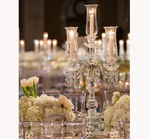 Top grade cheap 5 arms crystal candelabra for wedding centerpieces table decor wholesale glass candle holder with hurricane sale