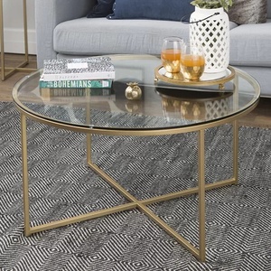 Hotel Yang Populer Di Clear Tempered Atas Kaca Meja Kopi Meja dengan Chrome Bingkai Stainless Steel Cross Desain - Product Image 1