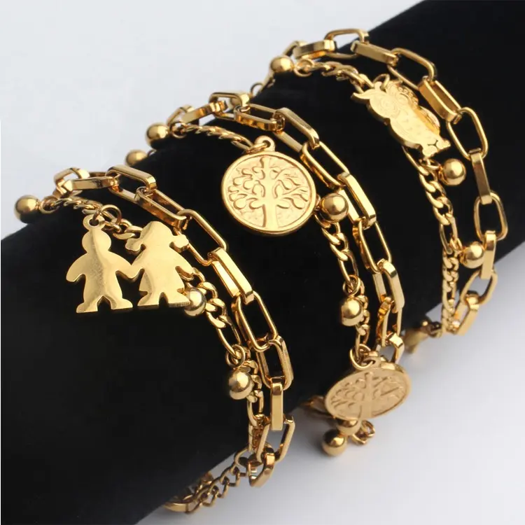Pulseira de coruja de aço inoxidável, bracelete de charme para meninos e meninas, camada dupla, corrente longa e dourada