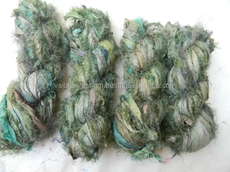 Sari reciclado de seda, Olive oscuro y mar verde, cinta peluda para tejer y hacer trabajos artesanales