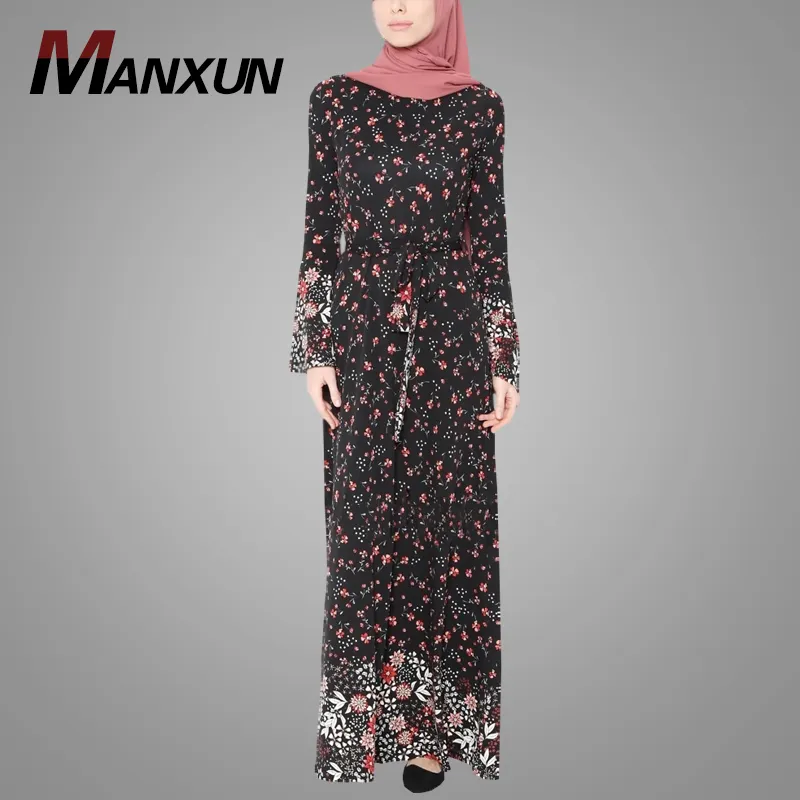 卸売オンラインシンプルスタイルイスラム教徒アバヤファッションパキスタンデザイン印刷ドバイアバヤカフタンベルト付きエレガントなイスラム教徒のドレス