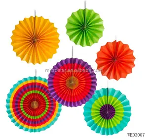 6 Pcs Fiesta Colorful Paper Fans Round Wheel Pattern Design Vibrant Bright Colors Hanging Paper Fans Rosettes Party Decoration