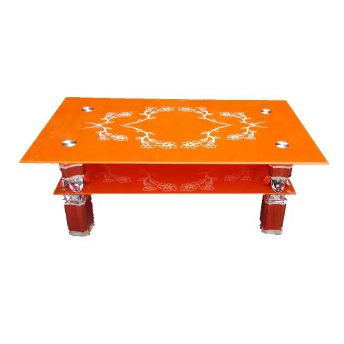 Оптовая продажа, дешевая модель, красивый оранжевый журнальный столик из закаленного стекла, мебель для гостиной