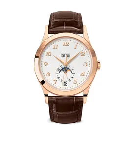 Herren 316L Edelstahl echtes braunes Leder armband Jahres kalender Mondphase mechanische Uhr