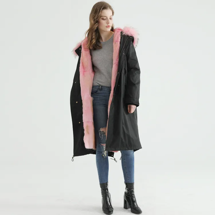 卸売ファッション黒人女性パーカリアルピンクミンク毛皮コート