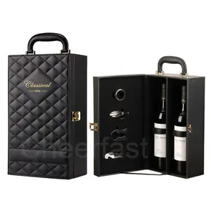 Nice Present Leatherette Wine Decorative Carrier Gift Box Package And 4pcs Tools PU Leather Double Wine Bottle Gift Box