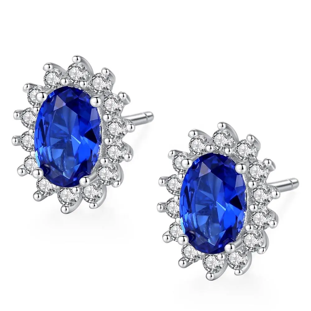CZCITY New Natural Birthstone Royal Blue Oval Topaz Sapphire Stud Earrings With Solid 925 Sterling Silver Fine Jewelry for Women