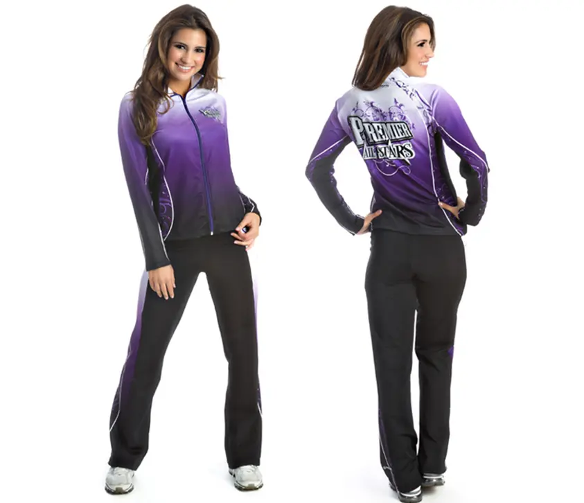 Cheerleading-Aufwärm ung mit Sublimation druck, Trainings anzug mit individuellem Design, Cheer jacke und Hose für Damen