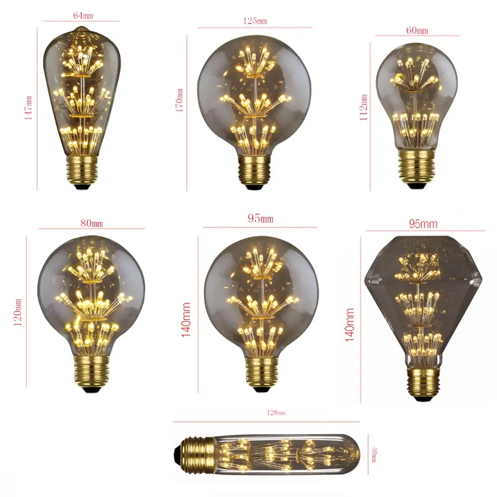 Bóng Đèn LED Bầu Trời Đầy Sao E26 E27 3W 110V 240V A60 ST64 T30 D95 G80 G95 G125 Bóng Đèn LED Edison Dây Tóc Đèn Pháo Hoa