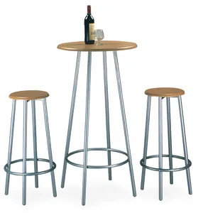 Wooden MDF top metal base counter height modern design home restaurant bar table and 2 chairs small dining set round table