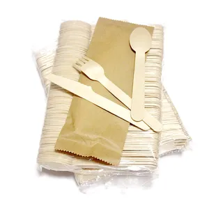 Fancy Biodegradable German Disposable Wooden Christmas Cutlery With Paper Pouch With Logo Printing 100% Birch