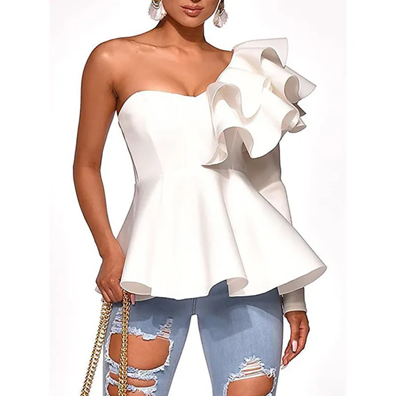 Bayan bir omuz fermuar Up Peplum Ruffled bluz Tops gizli geri fermuar kapatma uzun kollu asimetrik hem tatil akşam