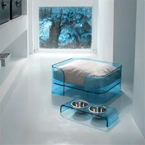 thermal bending acrylic pet bed Cheap Cute mini acrylic pet dog sleeping bed with pet feeder set