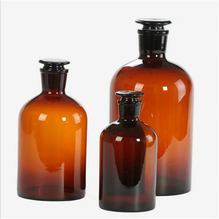 Garrafa de agente de vidro âmbar marrom, garrafa de 250 ml, 500 ml, 1000 ml, boca larga, laboratório, com rolha de vidro