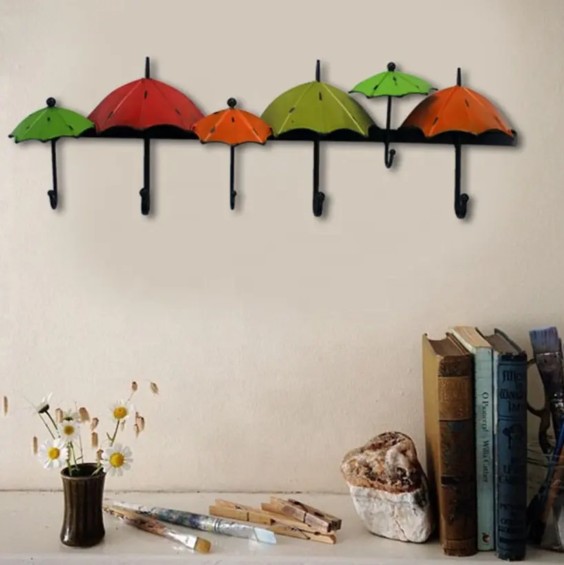 handmade iron retro vintage colorful decorative umbrella wall mount hook