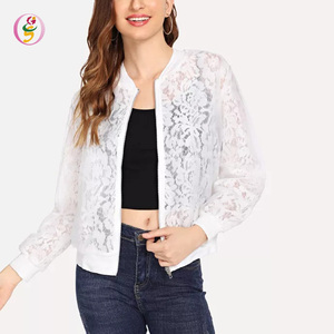 Custom Ladies Sexy <strong>Sheer</strong> Crochet Lace Zip Front Bomber <strong>Jacket</strong> Long Sleeves Hollow Out <strong>Jacket</strong> - Product Image 1