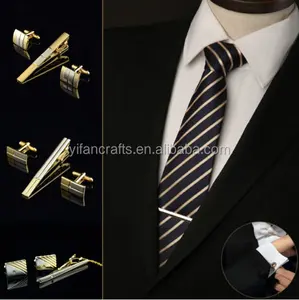 New Men Metal Necktie Tie Bar Clasp Clip Cufflinks Sets Gold Simple Party Gift