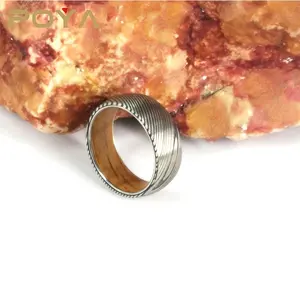 POYA珠宝结婚戒指圆顶高品质大马士革钢镶嵌威士忌桶木8毫米订婚男士礼物派对