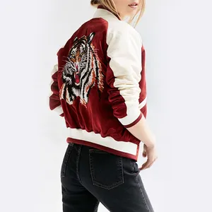 Vintage Women Satin Colorblock Sleeve Tiger Embroidered Bomber Jacket