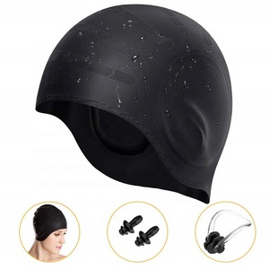 Chapeau de bain noir, casquette de protection imperméable en Silicone, poche d'oreille, pour adultes - Product Image 2