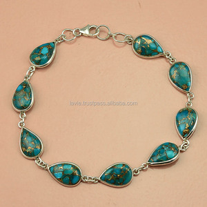 Bracelet de pierres précieuses en argent sterling 925, bijoux de bracelet de turquoise en cuivre bleu naturel, bijoux de pierres précieuses en argent de fabricant - Product Image 1