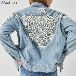 Großhandel neue mode stil lange hülse jeans denim jacke frauen perle mantel