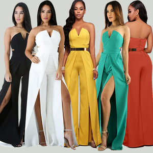 Sexy senza maniche di colore solido delle donne della tuta <span class=keywords><strong>con</strong></span> allentato fessura del lato <span class=keywords><strong>pantaloni</strong></span> e <span class=keywords><strong>pantaloni</strong></span> - Product Image 3