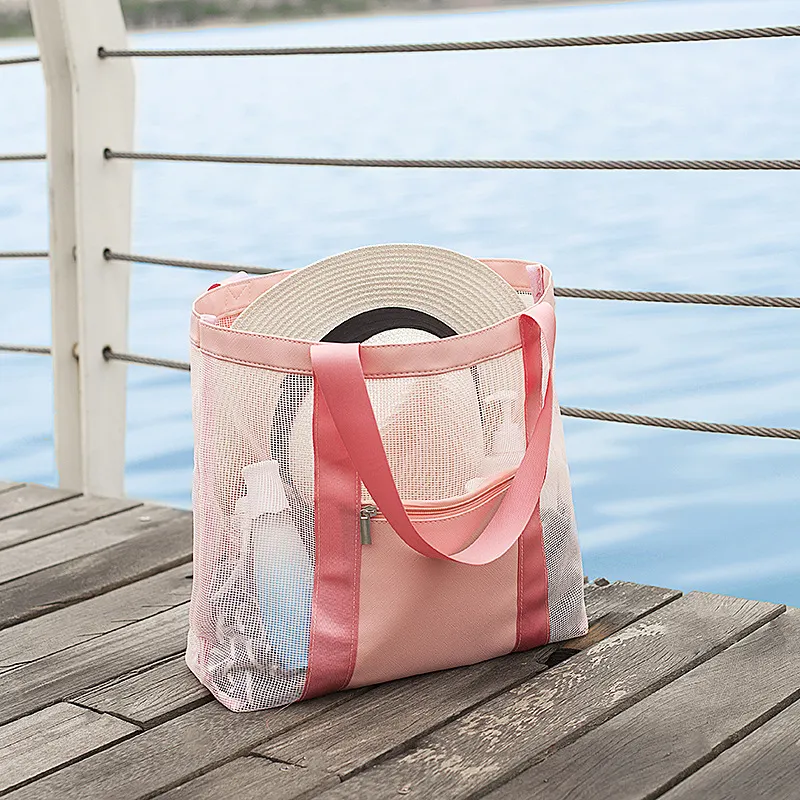 Benutzer definierte extra große Kapazität Travel Pool Wasserdichte PU Faltbare Luxus-Tasche Außen Reiß verschluss Tasche Mesh Strand tasche mit Tasche